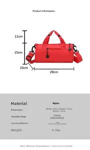 Detail view of red nylon duffel bag with 28x15x15cm dimensions and adjustable strap