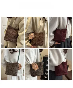 Multiple views of a leopard print faux suede bucket bag shown with various outfits