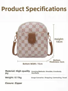 Detailed dimensions of check pattern crossbody bag showing 18x15x6cm size and 0.11kg weight