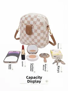 Internal capacity view of beige checkered phone bag with daily essentials layout