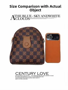 Detailed size comparison of checkered crossbody phone bag with a smartphone