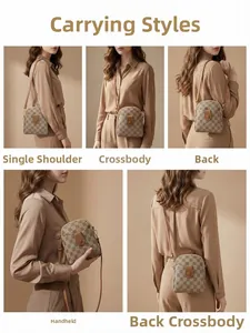 Detail showing five different ways to wear this vintage checkered mini crossbody bag
