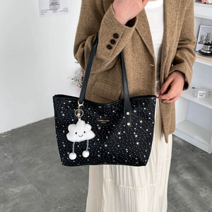 Star Print Women Tote Bag PU Fabric Large Capacity Commuter Shoulder Bag With Cute Cloud Charm Zipper Closure Fashion