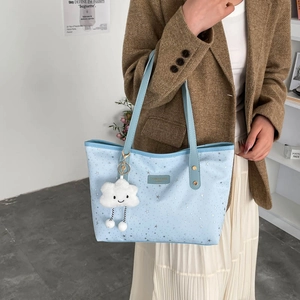 Light blue large capacity tote bag with silver star pattern and cute cloud charm pendant