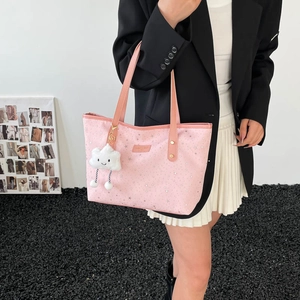 Pink large capacity star pattern tote bag with cute cloud charm for daily commute fashion