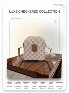 Detail of checkered canvas phone bag with leather trim and magnetic snap closure