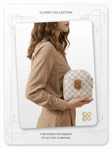 Detail view of the vintage checkered texture and leather snap closure on the crossbody bag
