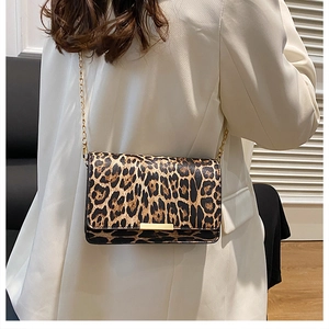 Detailed view of trendy leopard print crossbody bag with gold chain and metal buckle