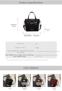 Detailed size specifications and color options for the compact PU leather bucket handbag