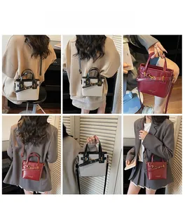 Detail view of mini bucket bags with shoulder strap options in grey and deep red texture