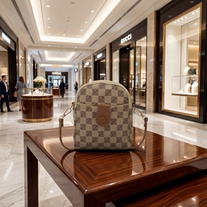 Chic mini crossbody phone bag with geometric pattern and brown leather trim for women