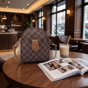 Chic checkered crossbody phone bag in leather with gold buckle and adjustable strap