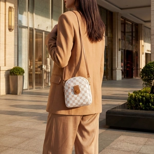 Stylish white checkerboard mini crossbody bag for women with gold hardware detail