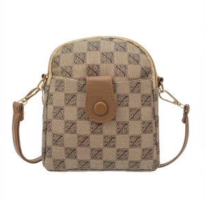Vertical mini crossbody phone bag in brown monogram canvas with leather trim and gold hardware