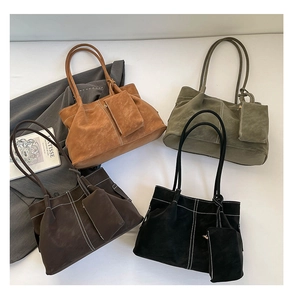 Detailed collection of retro tote bags in brown, green, coffee, and black suede leather