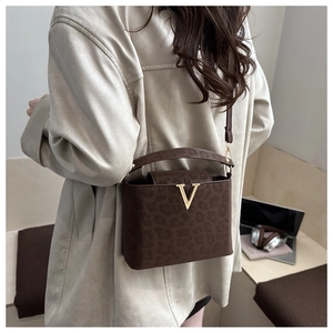 Detail shot of brown leopard print square crossbody bag with gold V-shaped logo and strap