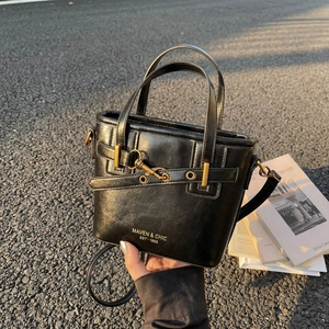 Retro Bucket Bag PU Leather Canvas Stitching Golden Buckle Crossbody Handbag For Women Daily