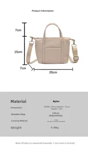 Detailed size guide for the nylon tote bag showing dimensions and adjustable strap info