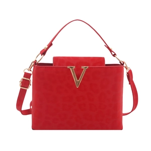 Red velvet square handbag with leopard embossing and a gold V-shaped metal hardware logo