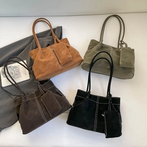 Retro oversized pleat tote bags in matte suede with white contrast stitching and mini pouches