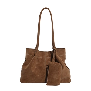 Vintage caramel brown tote bag with contrast stitching and matching pouch set