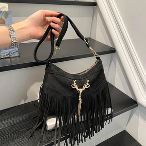 Women Retro Faux Suede Crossbody Shoulder Bag With Long Tassels Gold Deer Head Minimalist Bohemian Commuting Zipper