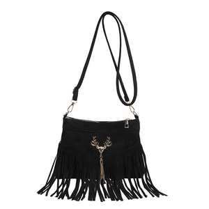 Fashionable black faux suede tote bag with gold deer head detail and stylish tassels