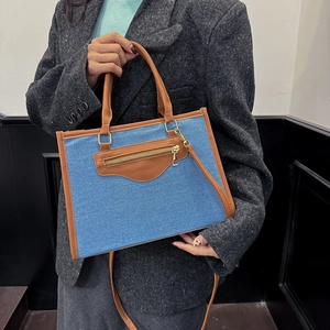 Sac Fourre-Tout En Jean Et Cuir PU Épissé Grande Capacité Sac À Main Rétro Sac Bandoulière Avec Poche Zippée