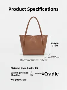 Detailed dimension guide for large brown PU leather tote bag with glossy finish
