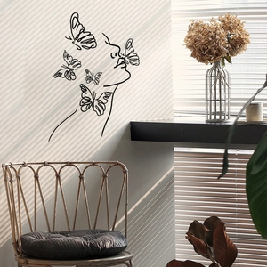 Minimalist female profile and butterfly wall sticker for modern living room decor
