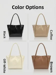 Four minimalist large tote bags in black, khaki, cream, and brown polished PU leather