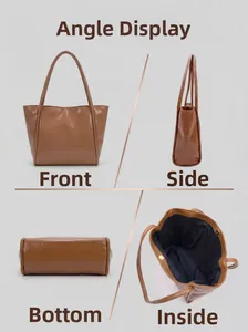 Detailed four-way view of brown leather tote bag showing front, side, base, and interior