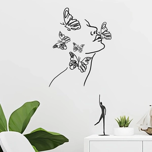 Minimalist female profile and butterfly wall decal for modern living room decoration