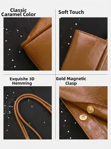 Detail of caramel leather tote with gold magnetic clasp and exquisite piping craftsmanship