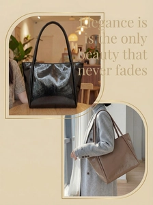 Detailed comparison of black and brown glossy tote bags with double shoulder straps