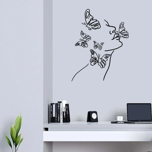 Minimalist line art wall decal featuring a woman profile and butterfly silhouettes for bedroom