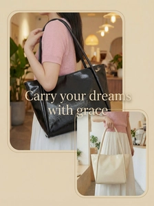 Close-up of glossy patent leather tote bags in black and beige with long shoulder straps
