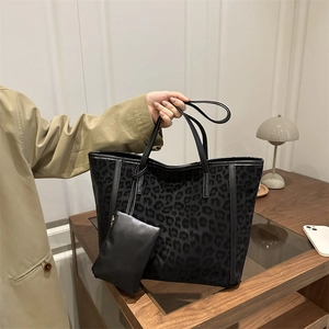 Retro leopard print tote bag with double handles and a detachable black zipper pouch