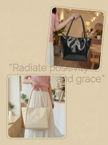 Detail view of large patent leather tote bags in black and beige with sleek glossy finish