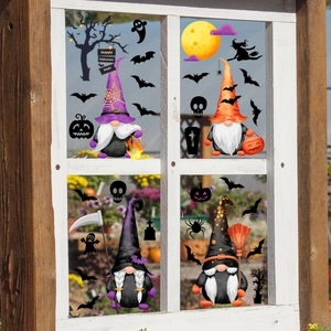 Halloween gnomes and pumpkin wall stickers on white window frames with bats and ghosts