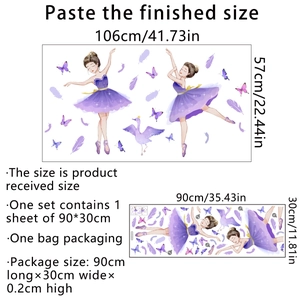 Watercolor purple ballerina wall sticker with feathers and butterflies, 106x57cm size