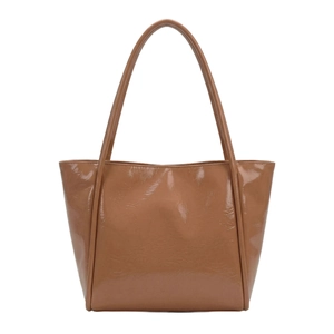 Minimalist brown glossy tote bag with dual long straps for women's daily commute