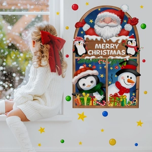 Detail of Christmas wall stickers featuring Santa, snowmen and Merry Christmas text