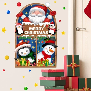 Christmas Wall Stickers Santa Claus Snowman Penguin Merry Christmas Waterproof PVC Self Adhesive Home Window Decal Ornament