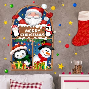 Detailed Christmas wall decals with Santa and Snowman on a textured grey interior wall