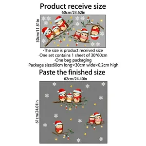 Detailed size guide for Christmas owl static window stickers showing product dimensions