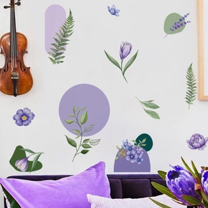 Böhmische Wandaufkleber mit lila Tulpen und grünen Blättern für die Heimdekoration