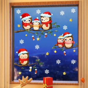 Christmas window decals with cute owls on snow branches for glass home decoration