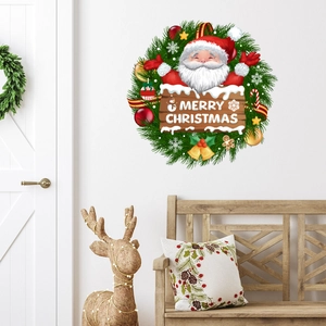 Christmas wreath wall sticker featuring Santa Claus with bells on a white wall background