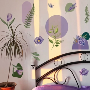 Bohemian Floral Wandsticker Grüne Pflanzen PVC Selbstklebend Lila Tulpen Lavendel Farne Geometrische Formen Für Schlafzimmer